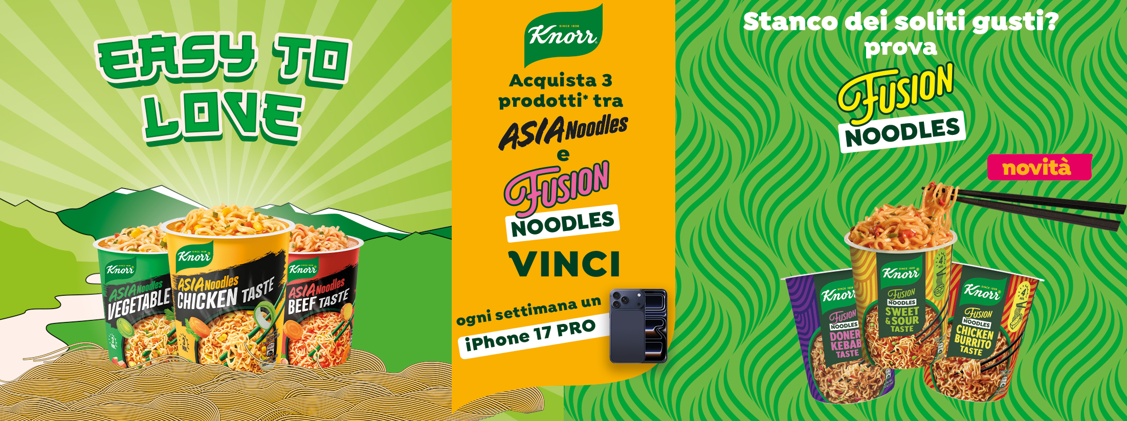 Immagine desktop del concorso Knorr Noodles 2026: Con l'acquisto di 3 prodotti delle linee Asia Noodles e Fusion Noodles Knorr puoi vincere ogni settimana un iPhone 17 Pro
