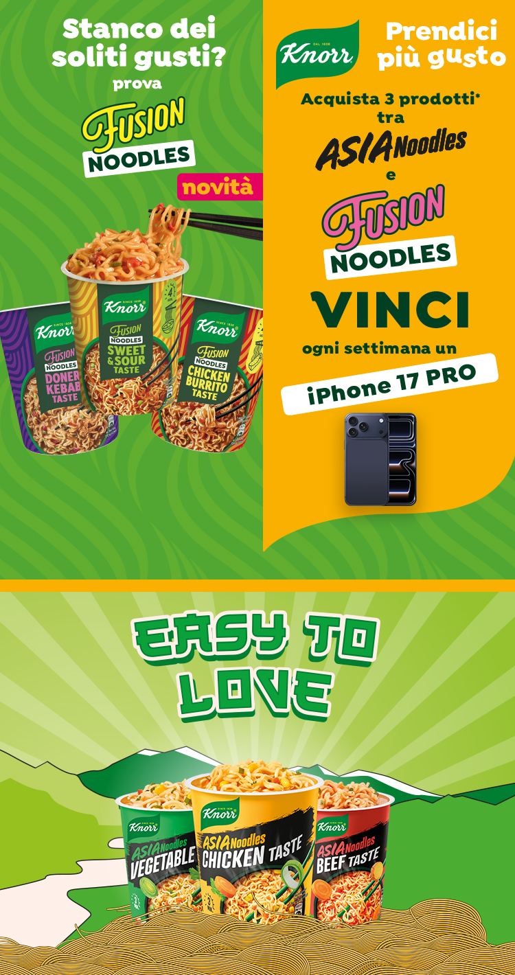 Immagine per smartphone del concorso Knorr Noodles 2026: Con l'acquisto di 3 prodotti delle linee Asia Noodles e Fusion Noodles Knorr puoi vincere ogni settimana un iPhone 17 Pro